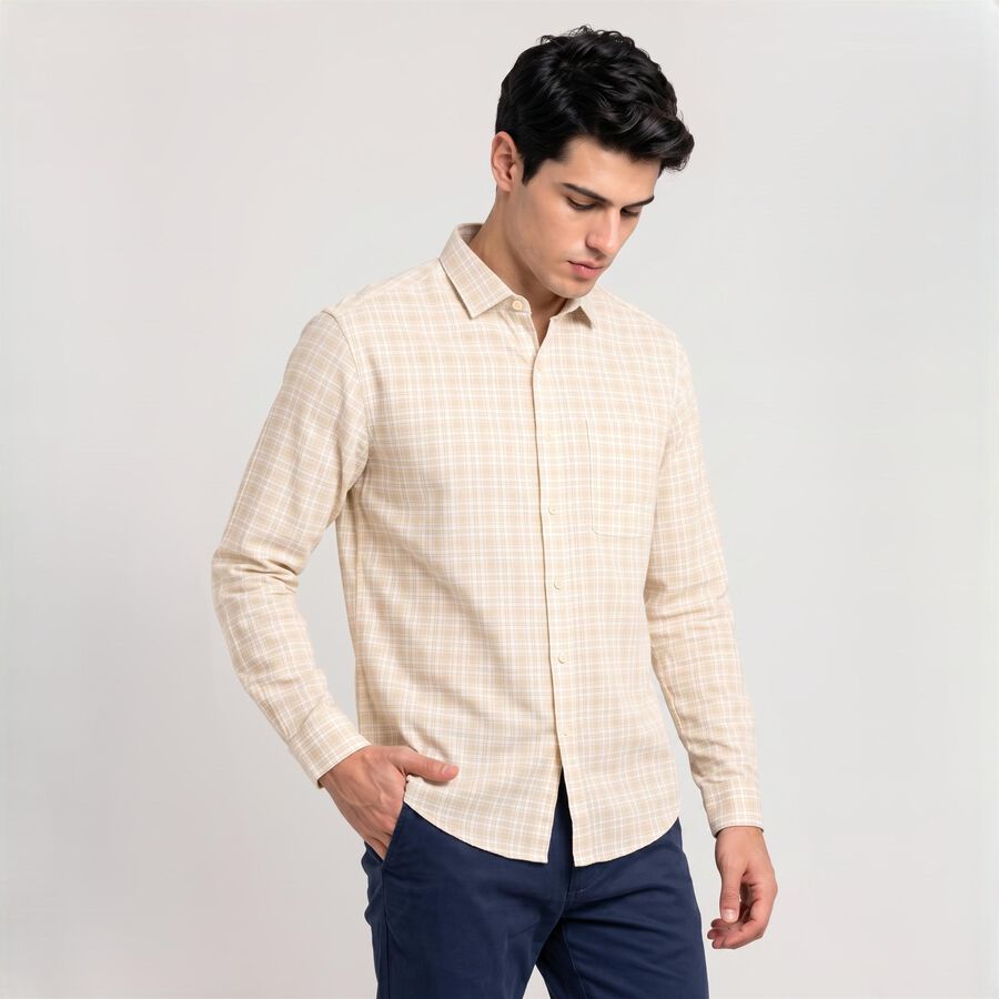 Men's Yellow Cotton Long Sleeve Spread Collar Shirt, Yellow, large