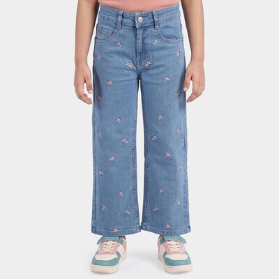 Girls' Light Blue Straight Fit Embroidered Jeans