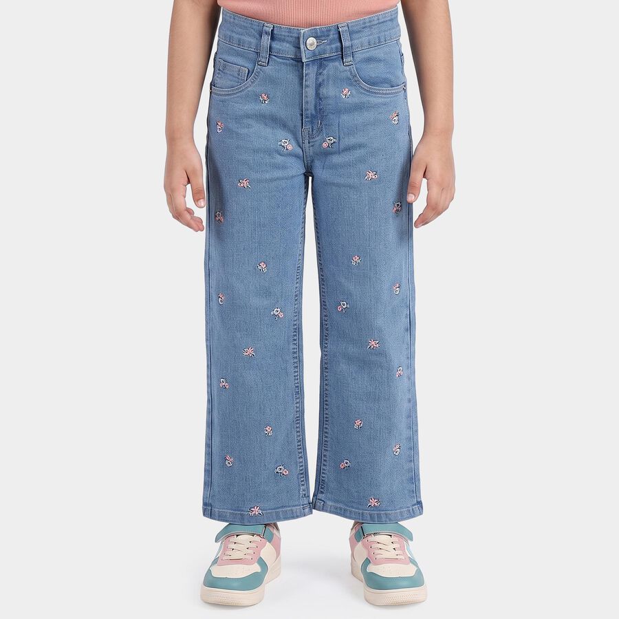 Girls' Light Blue Straight Fit Embroidered Jeans, मिश्रित नीला, large