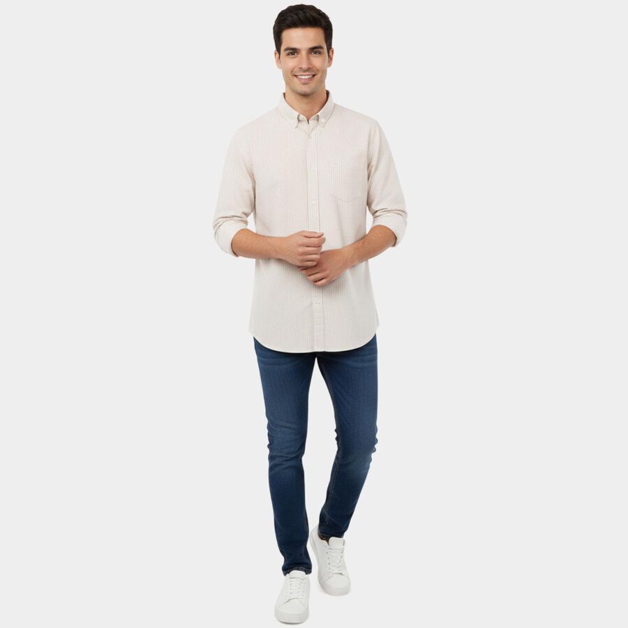 Men's Beige Cotton Classic Casual Shirt, Beige, large