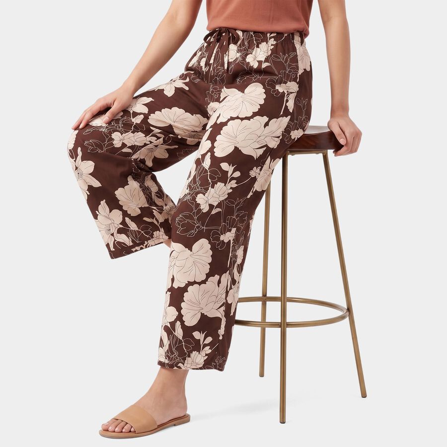 Women's Brown Straight Fit Floral Pyjama, भूरा, large