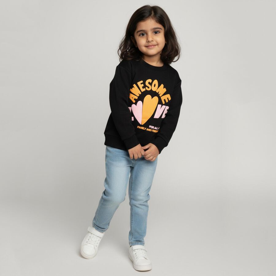 Girls Jet Black Crew Neck Casual Sweatshirt, Black, large image number null
