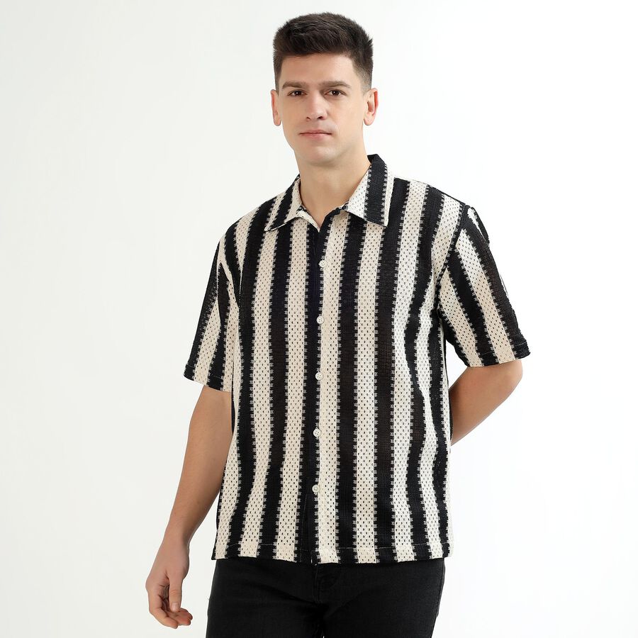 Men's Black and White Half Sleeve Classic Casual Shirt, Black, large