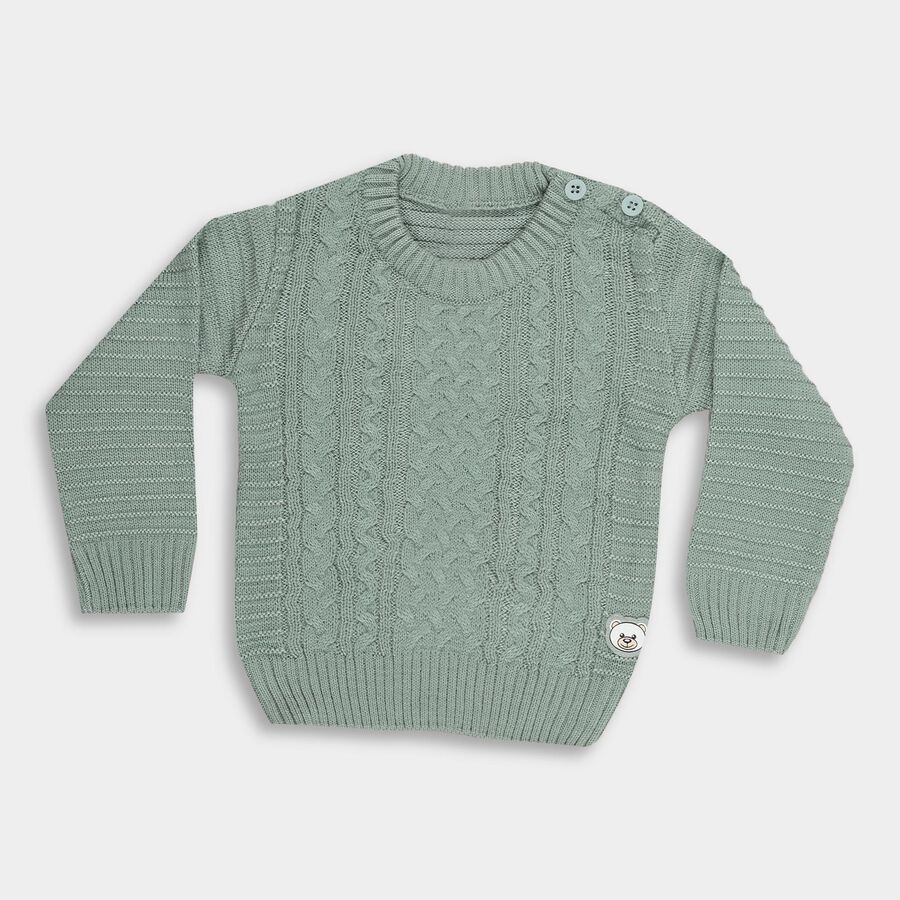 Infants' Light Sage Green Crew Neck Cable Knit Pullover, हल्का हरा, large image number null