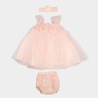 Infants' Peach Fit and Flare Floral Applique Party Wear Frock, पीच, small