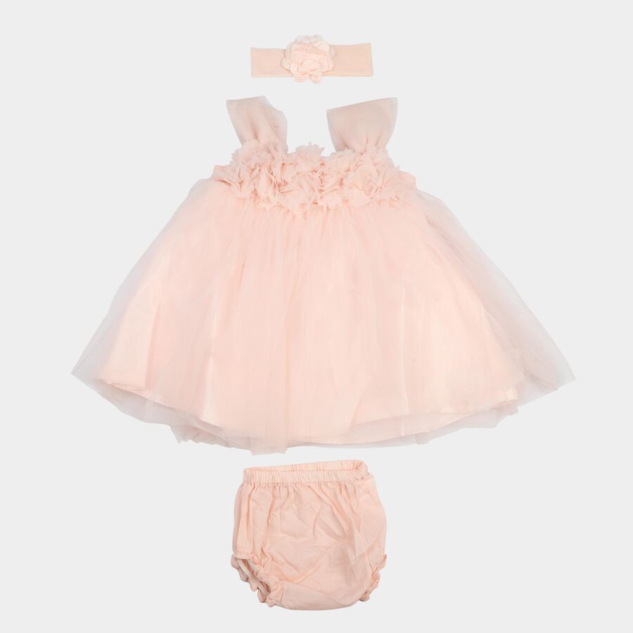 Infants' Peach Fit and Flare Floral Applique Party Wear Frock, पीच, large