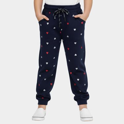 Girls' Navy Blue Heart Printed Elastic Waist Pyjama