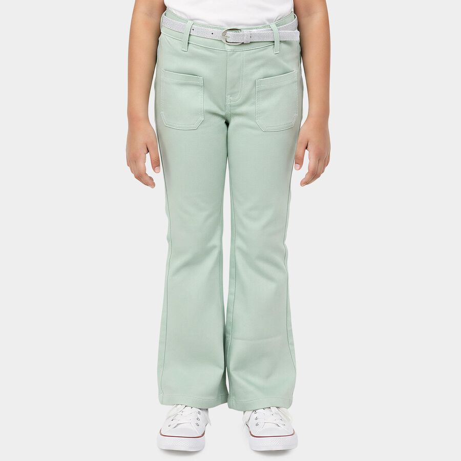 Girls' Mint Green Flared Fit Belted Jeans, Light Green, large