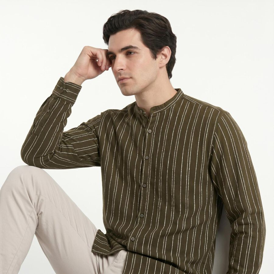 Men's Olive Green Cotton Mandarin Collar Striped Regular Fit Shirt, Olive, large