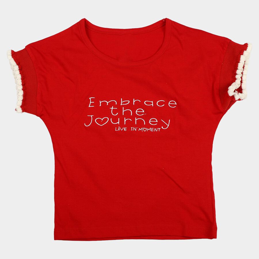 Girls Red Cotton Round Neck Casual T-Shirt, Red, large
