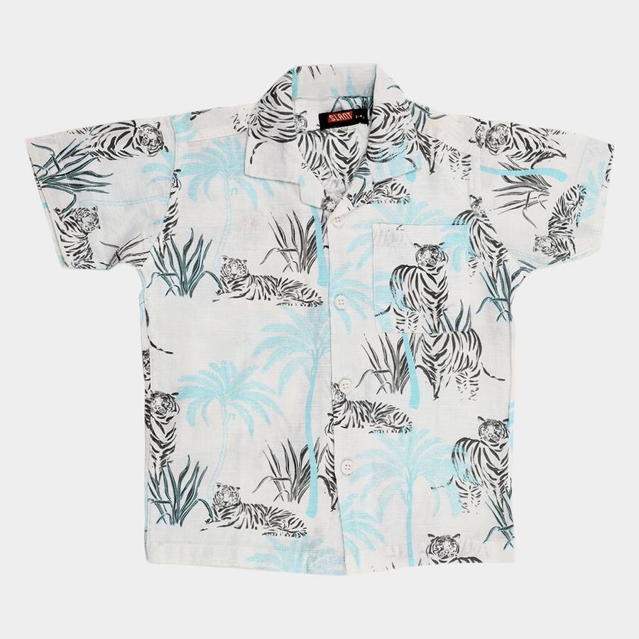 Boys Rich Eggshell White Cotton Half Sleeve Cuban Collar Casual Shirt, सफ़ेद, large image number null