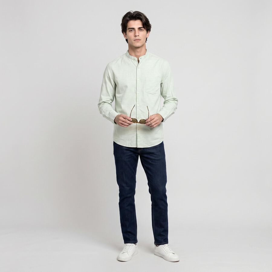 Men's Mint Green Cotton Mandarin Collar Shirt, Light Green, large