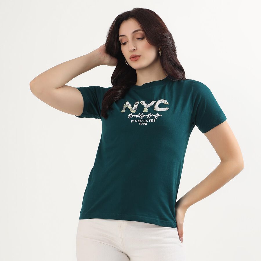 Women's Deep Green Cotton Round Neck Casual T-Shirt, Dark Green, large image number null