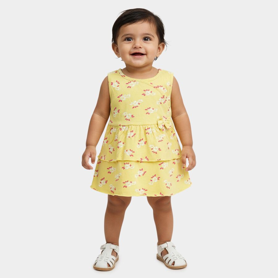 Infants' Bright Yellow Regular Fit Floral Printed Tiered Frock, Yellow, large