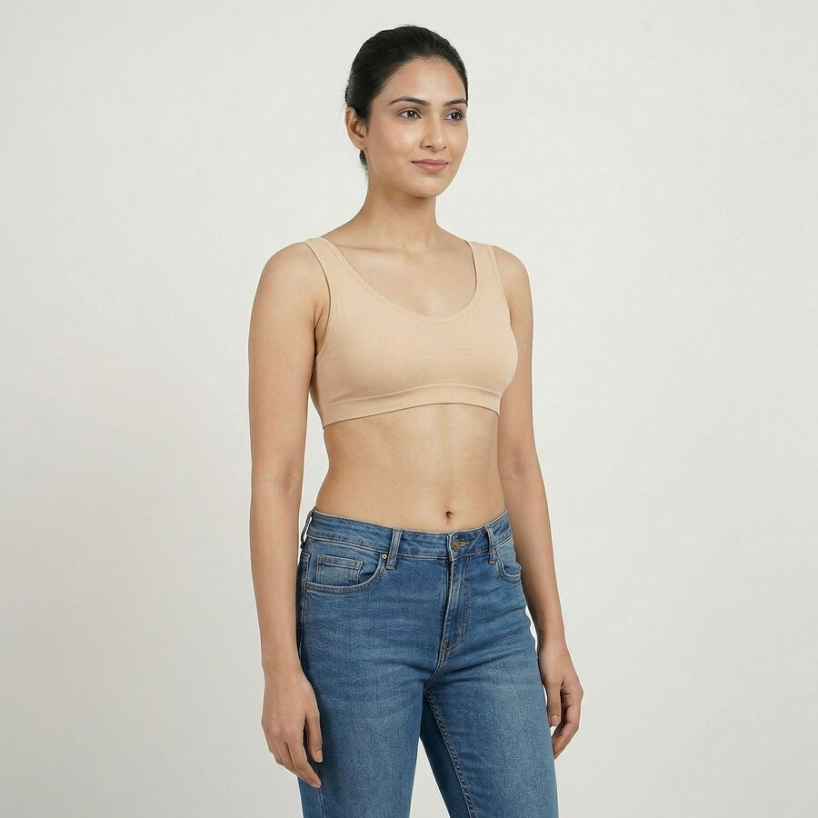 Women's Beige Wireless Seamless Bra, गहरा पीला, large
