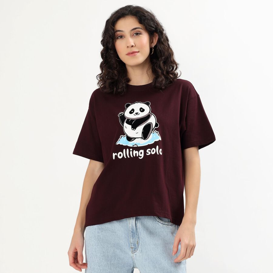 Women's Maroon Cotton Round Neck Casual T-Shirt, वाइन, large