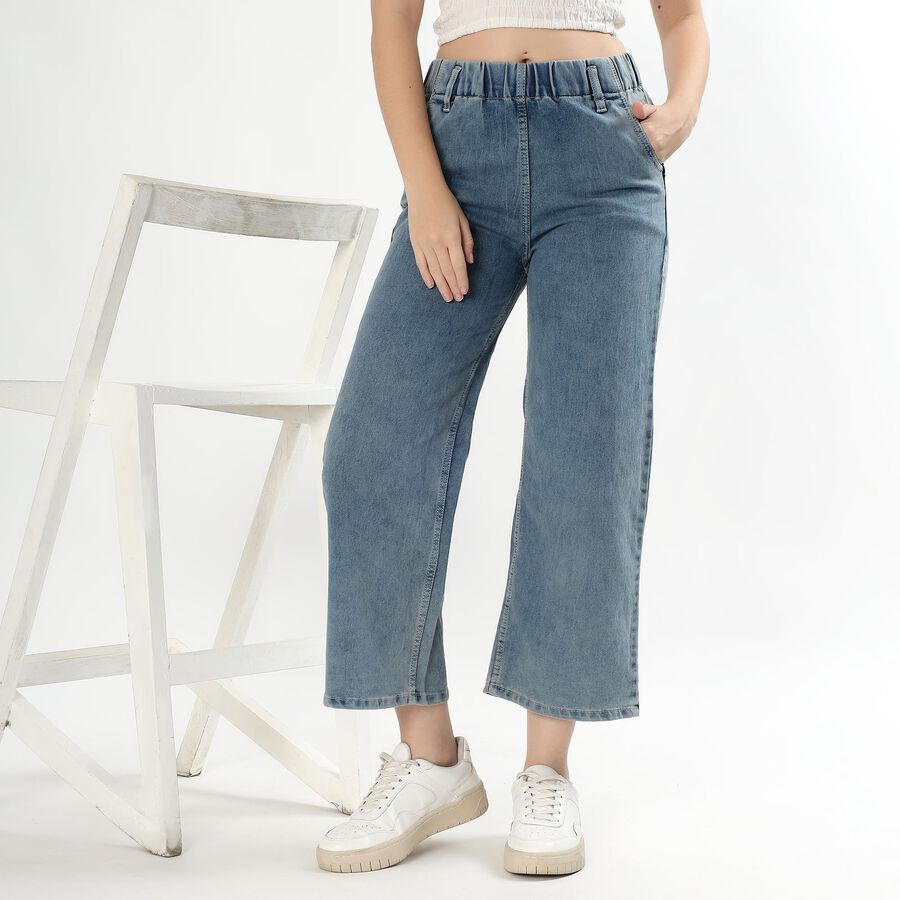 Women's Light Blue Wide Leg High Waist Jeans, Dark Blue, large