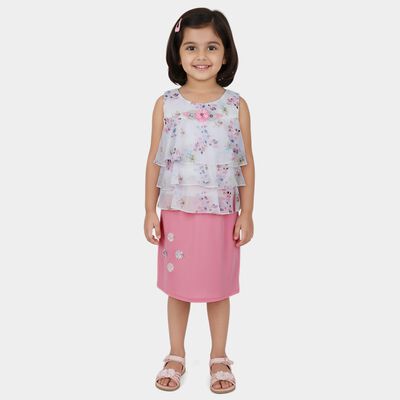 Girls White Floral Sleeveless Top and Pink Skirt Set