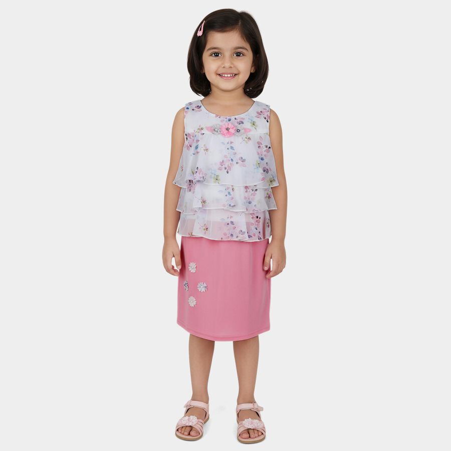 Girls White Floral Sleeveless Top and Pink Skirt Set, Light Pink, large