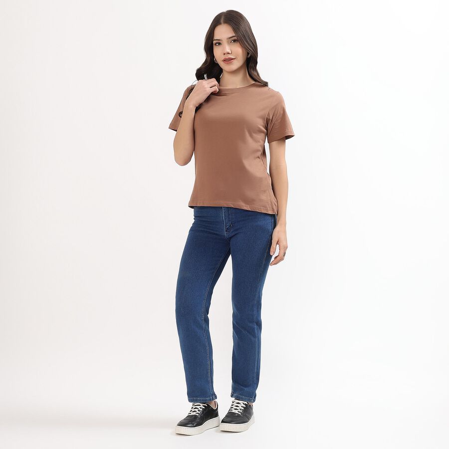Women's Muted Brown Cotton Round Neck Casual T-Shirt, Brown, large