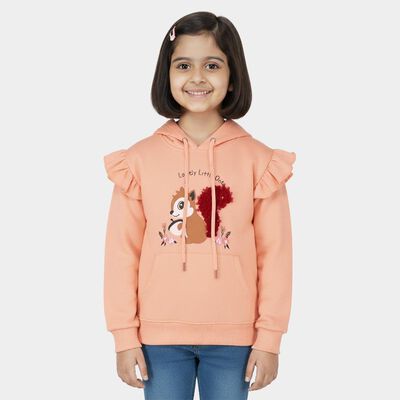 Girls' Soft Peach Hooded Ruffle Sleeve Graphic Sweatshirt