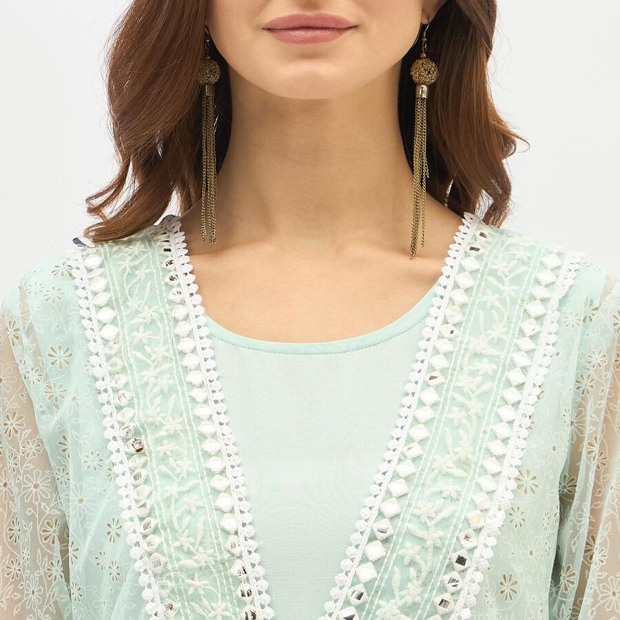 Women's Light Mint Green Round Neck Embroidered Layered Kurta, Aqua, large image number null