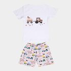 Infants' Beige 100% Cotton Round Neck Printed Baba Suit, Beige, small