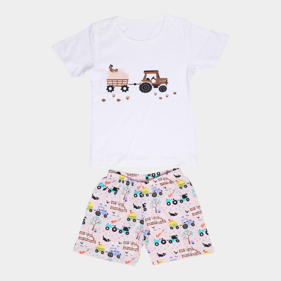 Infants' Beige 100% Cotton Round Neck Printed Baba Suit, Beige, large