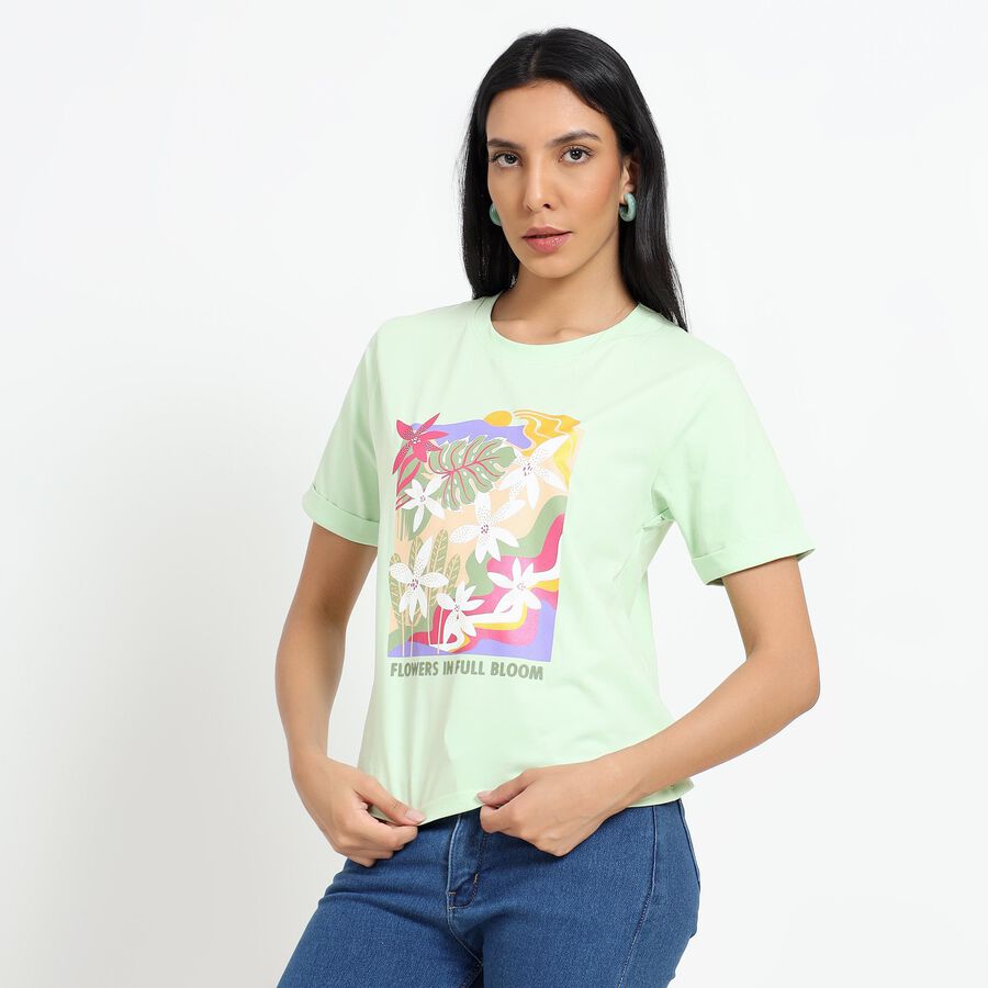 Ladies' Light Mint Green Cotton Round Neck Floral Printed T-Shirt, Light Green, large image number null