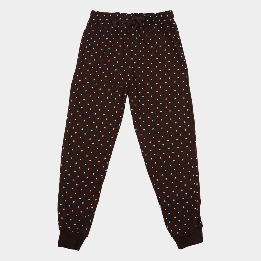 Girls Brown Jogger Heart Printed Pyjama, Brown, large