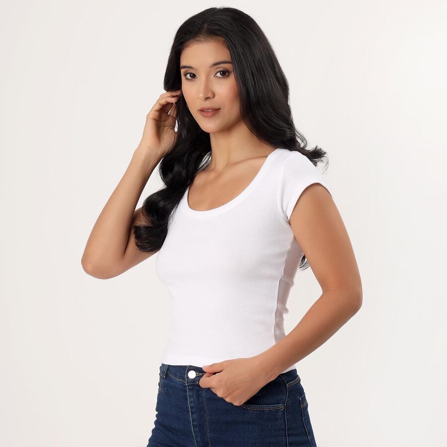 Women's White Round Neck Graphic T-Shirt, White, large