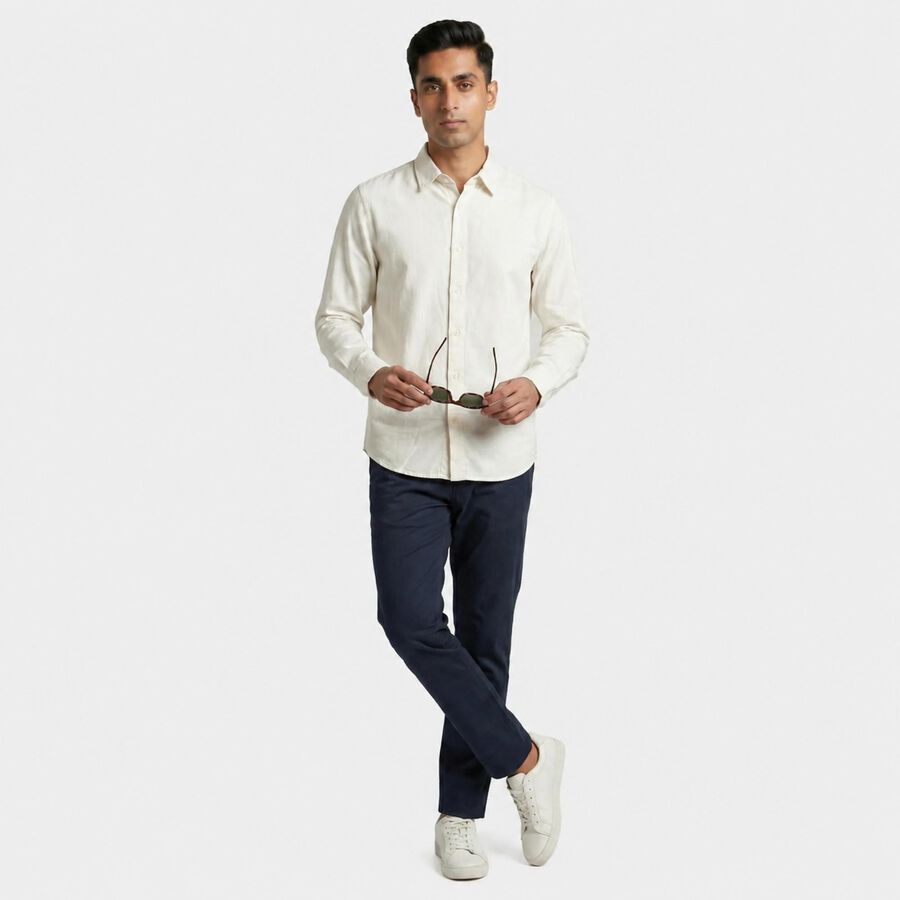 Men's Cream Cotton Spread Collar Regular Fit Casual Shirt, ऑफ व्हाइट, large