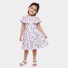 Girls' White Floral Printed Ruffle Neck Cotton Frock, ऑफ व्हाइट, small