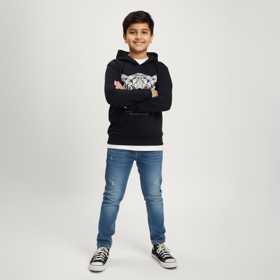 Boys Navy Blue Hooded Neck Graphic Sweatshirt, Navy Blue, large image number null