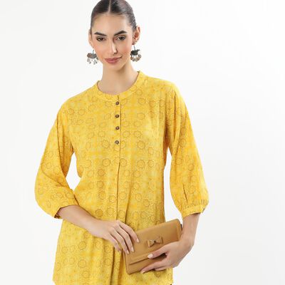 Women's Bright Mustard Yellow Round Neck Floral Printed Kurti