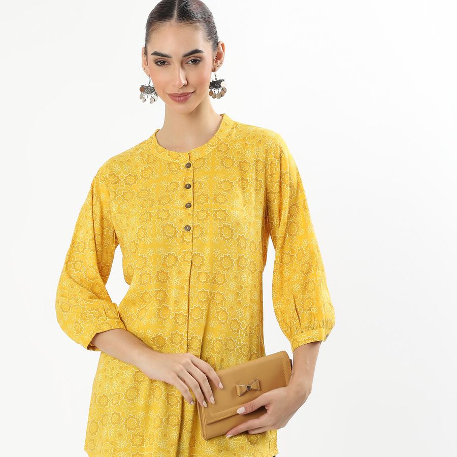 Women's Bright Mustard Yellow Round Neck Floral Printed Kurti, Yellow, large