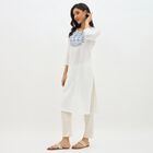 Women's Bright White Cotton Round Neck Embroidered Kurta, Dark Blue, small image number null