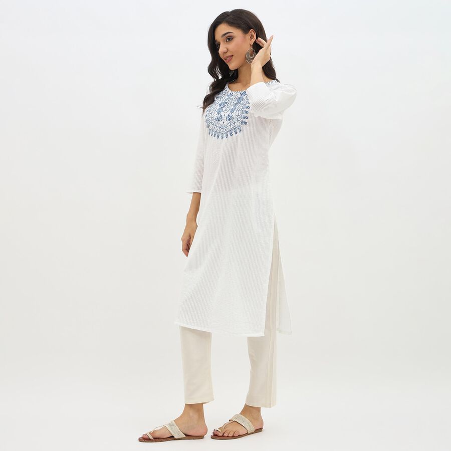 Women's Bright White Cotton Round Neck Embroidered Kurta, Dark Blue, large image number null