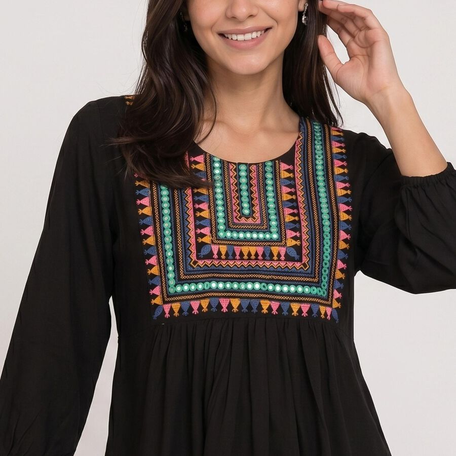 Women's Black Round Neck Embroidered Kurti, Black, large
