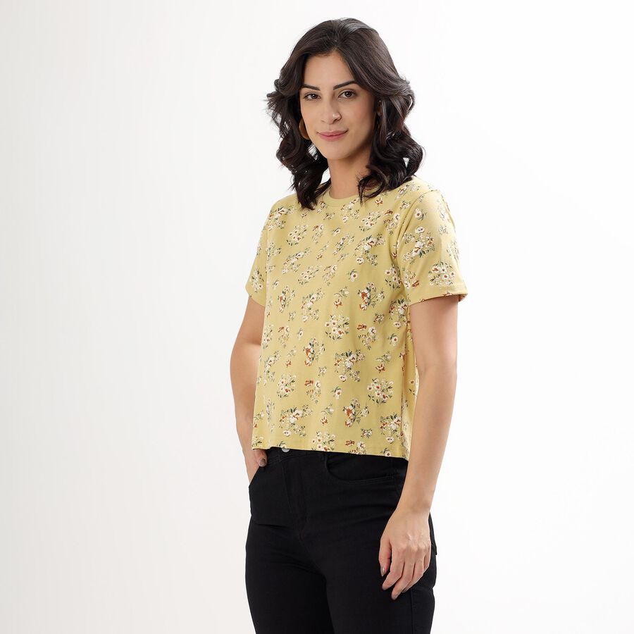 Women's Muted Mustard Yellow Round Neck Floral T-Shirt, Khaki, large image number null