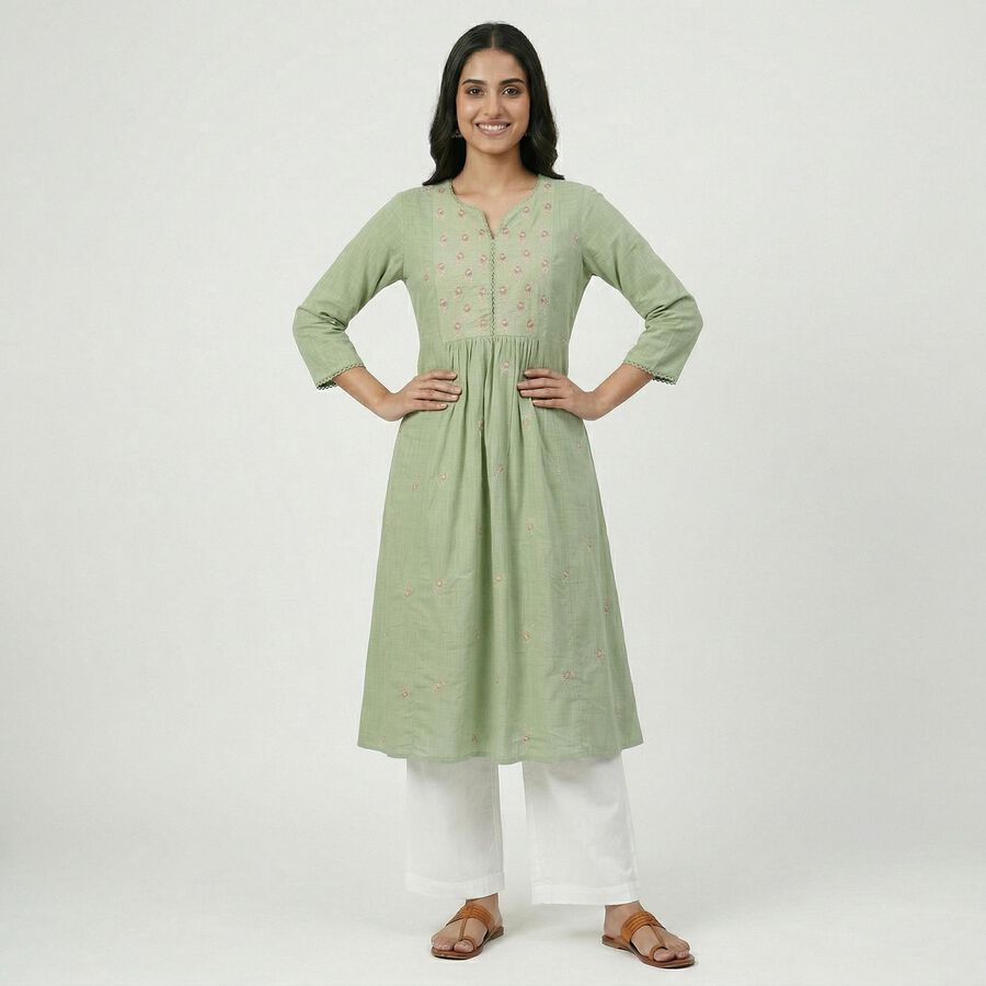 Women's Green Cotton Casual Kurta, Light Green, large