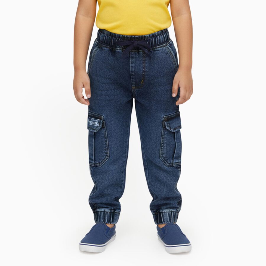 Boys' Dark Blue Cargo Fit Elastic Waist Jeans, मध्यम नीला, large image number null