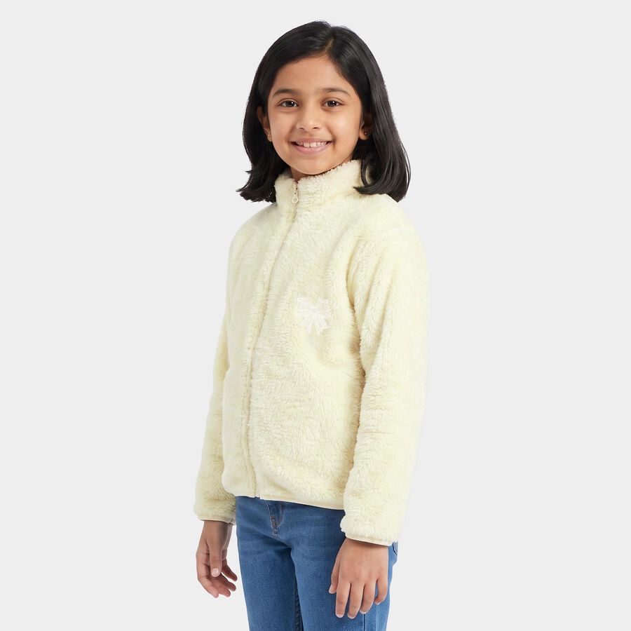 Girls' Cream High Neck Zip-Up Sweatshirt, ऑफ व्हाइट, large