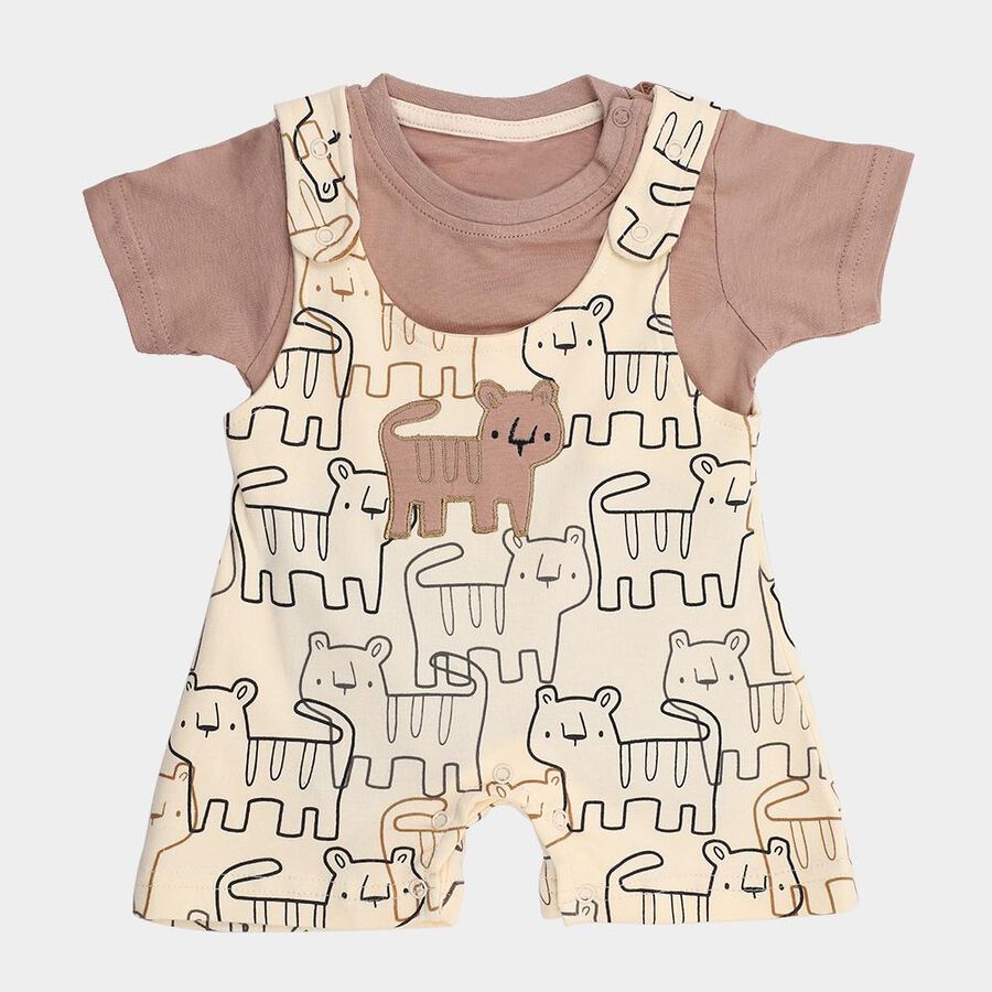 Infants' Beige Cotton Round Neck Cartoon Print Baba Suit, Beige, large