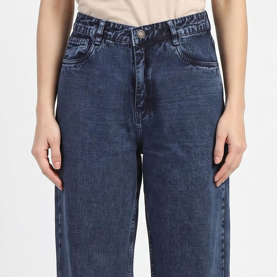 Women's Navy Blue Wide Leg Washed Jeans, गहरा नीला, large