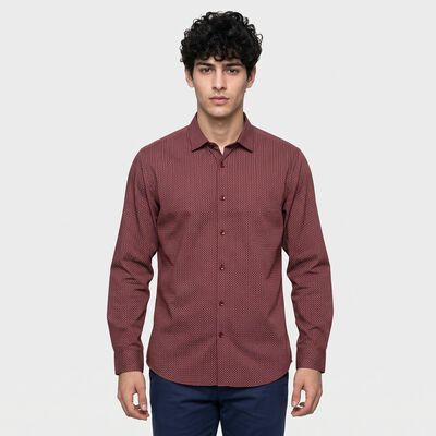 Men's Rust Cotton Long Sleeve Spread Collar Shirt