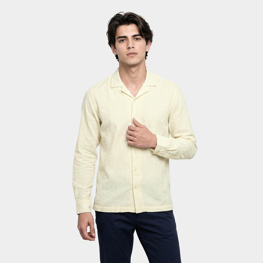 Men's Cream Cotton Camp Collar Shirt, ऑफ व्हाइट, large