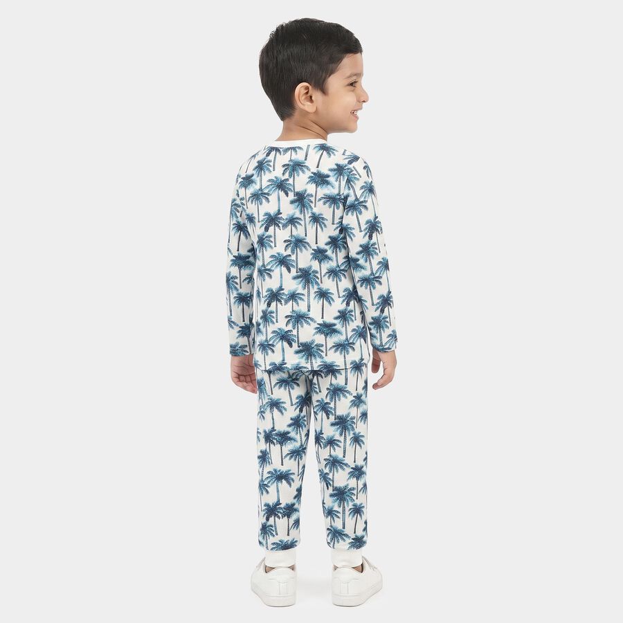Boys White 100% Cotton Round Neck Palm Print Baba Suit, White, large
