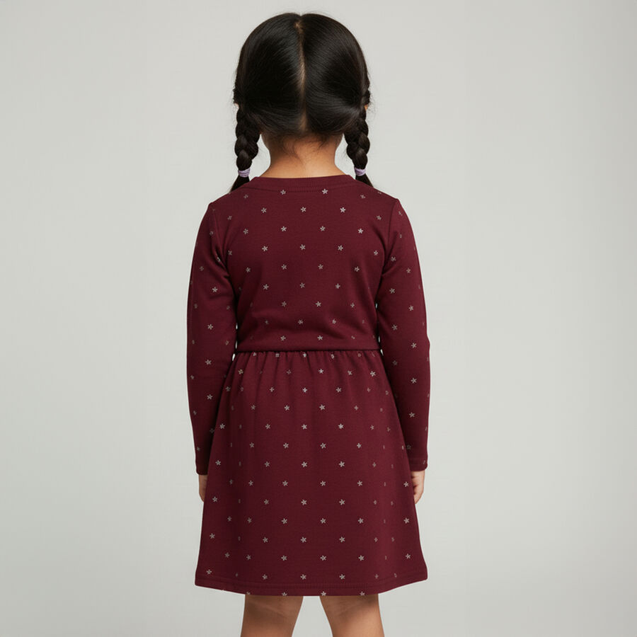 Girls' Deep Burgundy Metallic Star Printed A-Line Frock, वाइन, large image number null