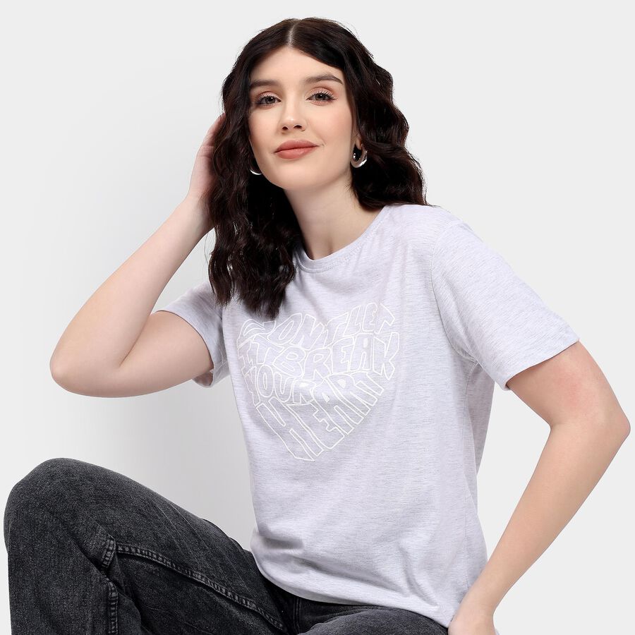 Ladies' Round Neck T-Shirt , मिश्रित मध्यम ग्रे, large